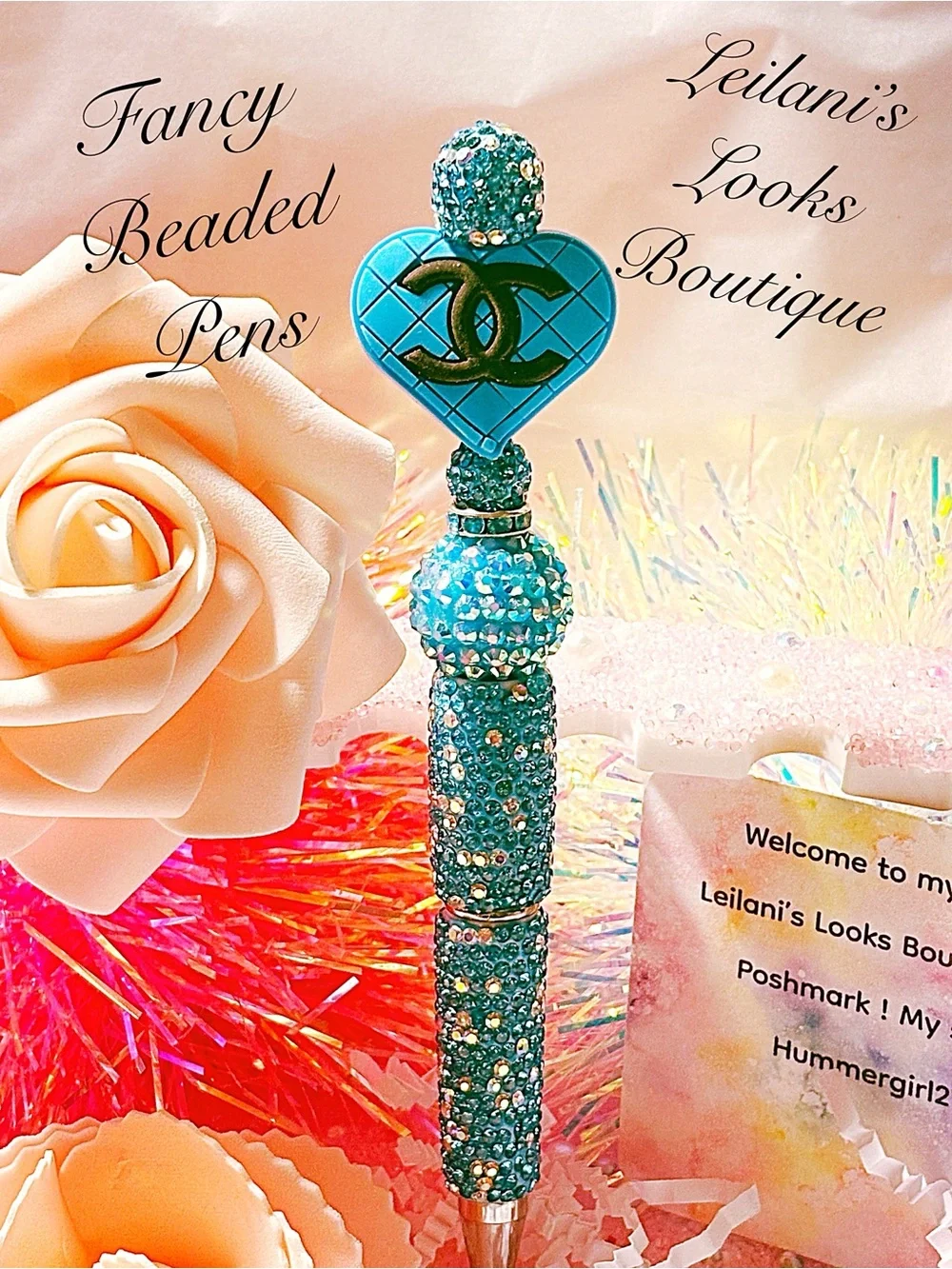 Fancy beaded Pen/gifts/blue heart/blue beads/